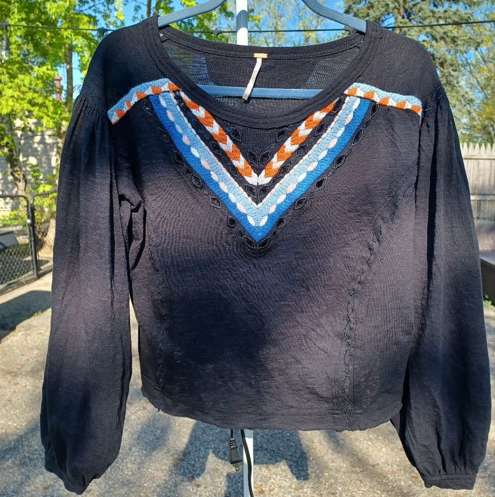 Free People Black and Blue Graphic Cuffed Sleeve Sweatshirt